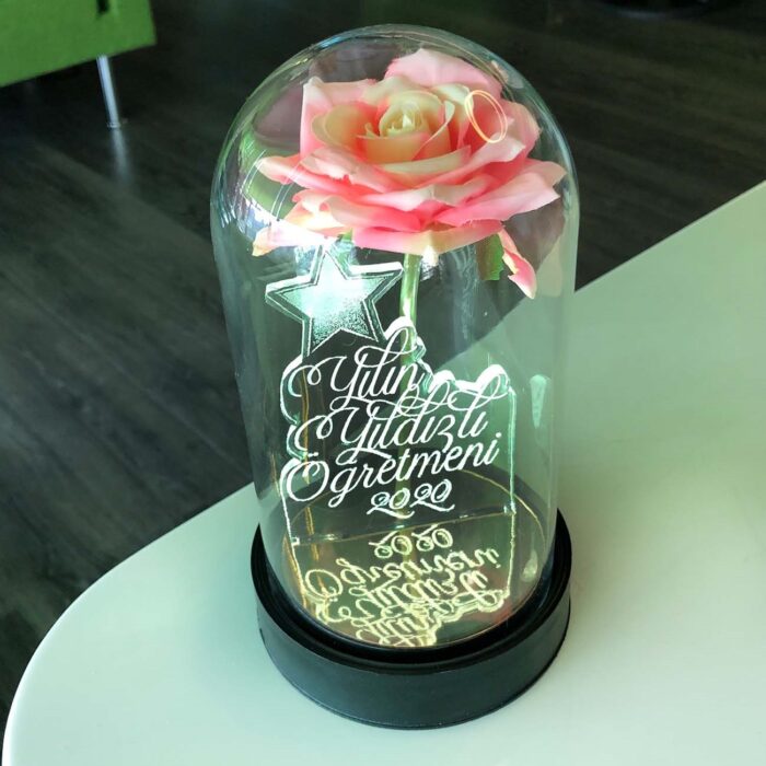 yilin yildizli ogretmeni cam fanus kisiye ozel yazili lamba pembe gul 21 cm pembe gul hediye ci 5236 60 B
